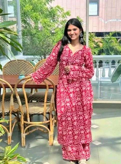 Women’s Red Floral Printed A-Line Kurta Set with Palazzos | Cotton Blend | V-Neck | Daily Wear 4