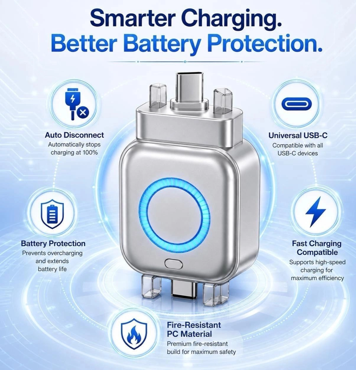 Smart Auto Power Off Charger Protector with AI Full Charge Disconnect Function, Auto Disconnect Fast Charging Adapter, Smartphones Tablets and USB