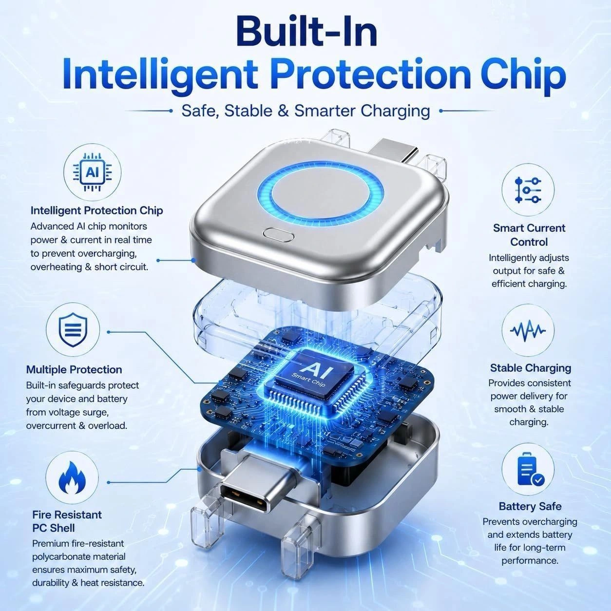 Smart Auto Power Off Charger Protector with AI Full Charge Disconnect Function, Auto Disconnect Fast Charging Adapter, Smartphones Tablets and USB 4