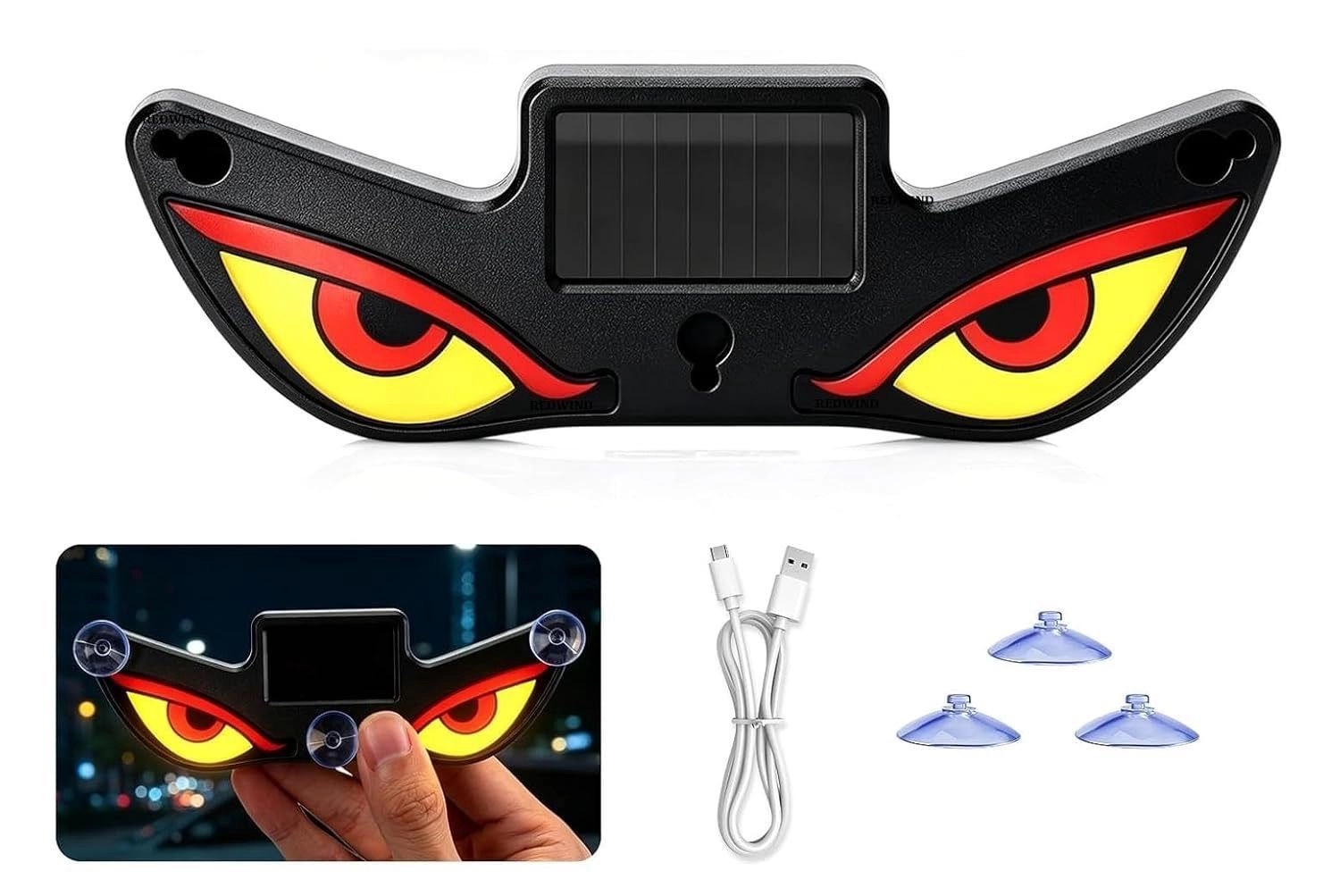 Solar Demon Eye LED Car Wireless Window Light Devil Eyes Light for Windshield Type-C Rechargeable Solar Warning Light 5 Modes Motion Activated Suction Cup for Car Truck Van Bike (Evil Eye)
