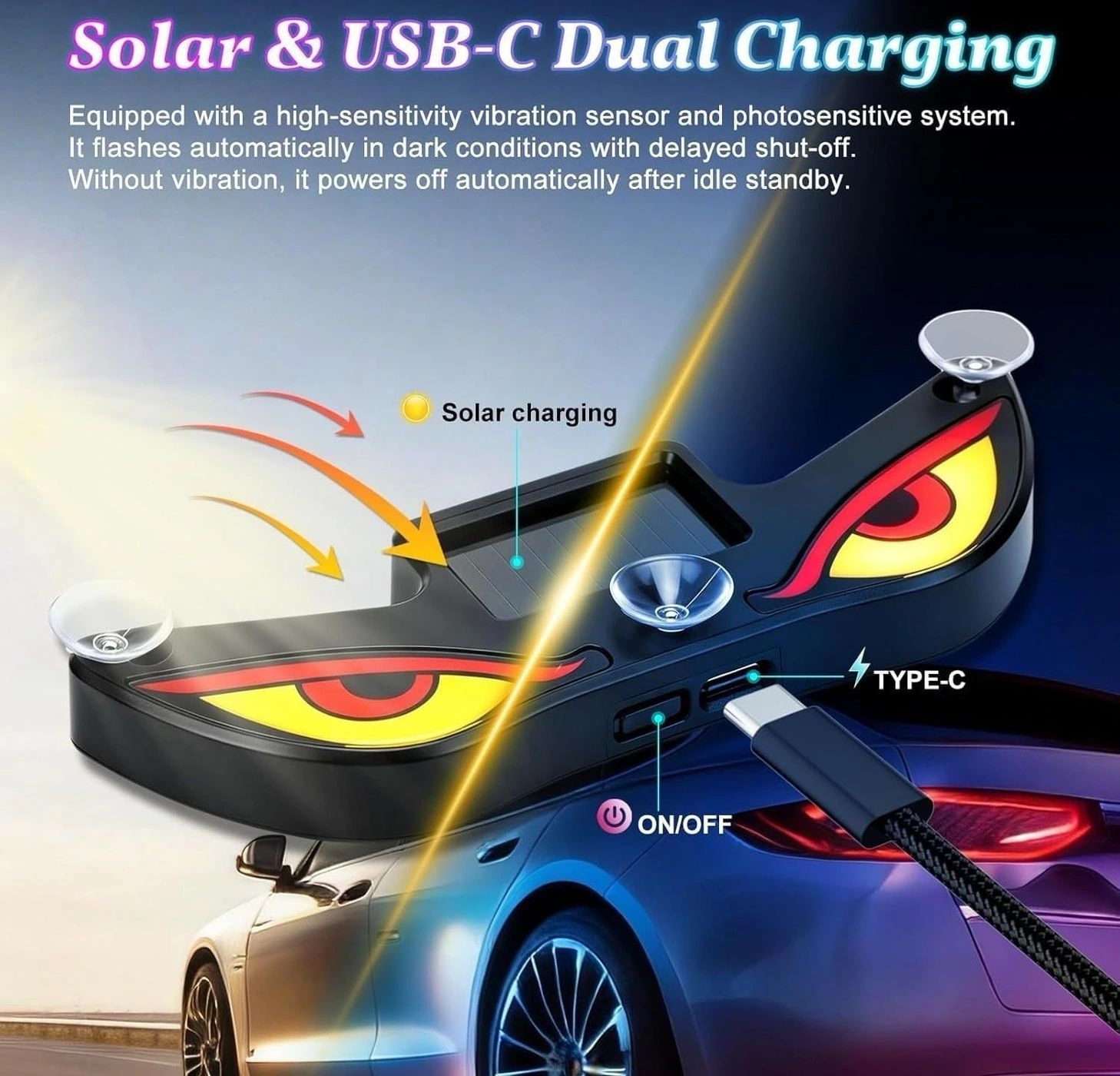 Solar Demon Eye LED Car Wireless Window Light Devil Eyes Light for Windshield Type-C Rechargeable Solar Warning Light 5 Modes Motion Activated Suction Cup for Car Truck Van Bike (Evil Eye) 5