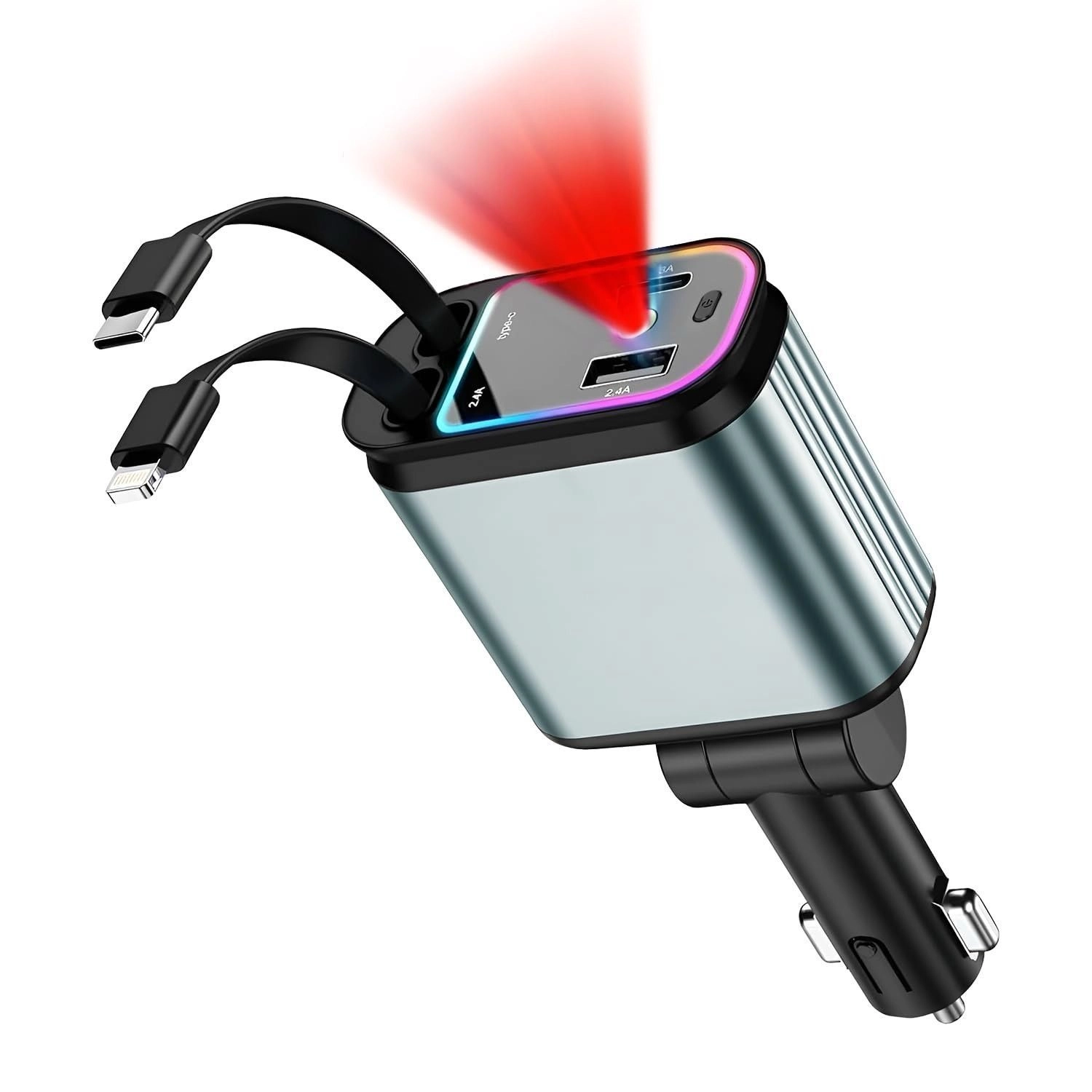 4-in 1 car Charger with Starry Lights,  Retractable Car Phone Charger with Dual Cables (Type C & Lightning) + USB-A & Type C Ports Compatible with iPhone 17/16/15/14/13, Samsung, Android