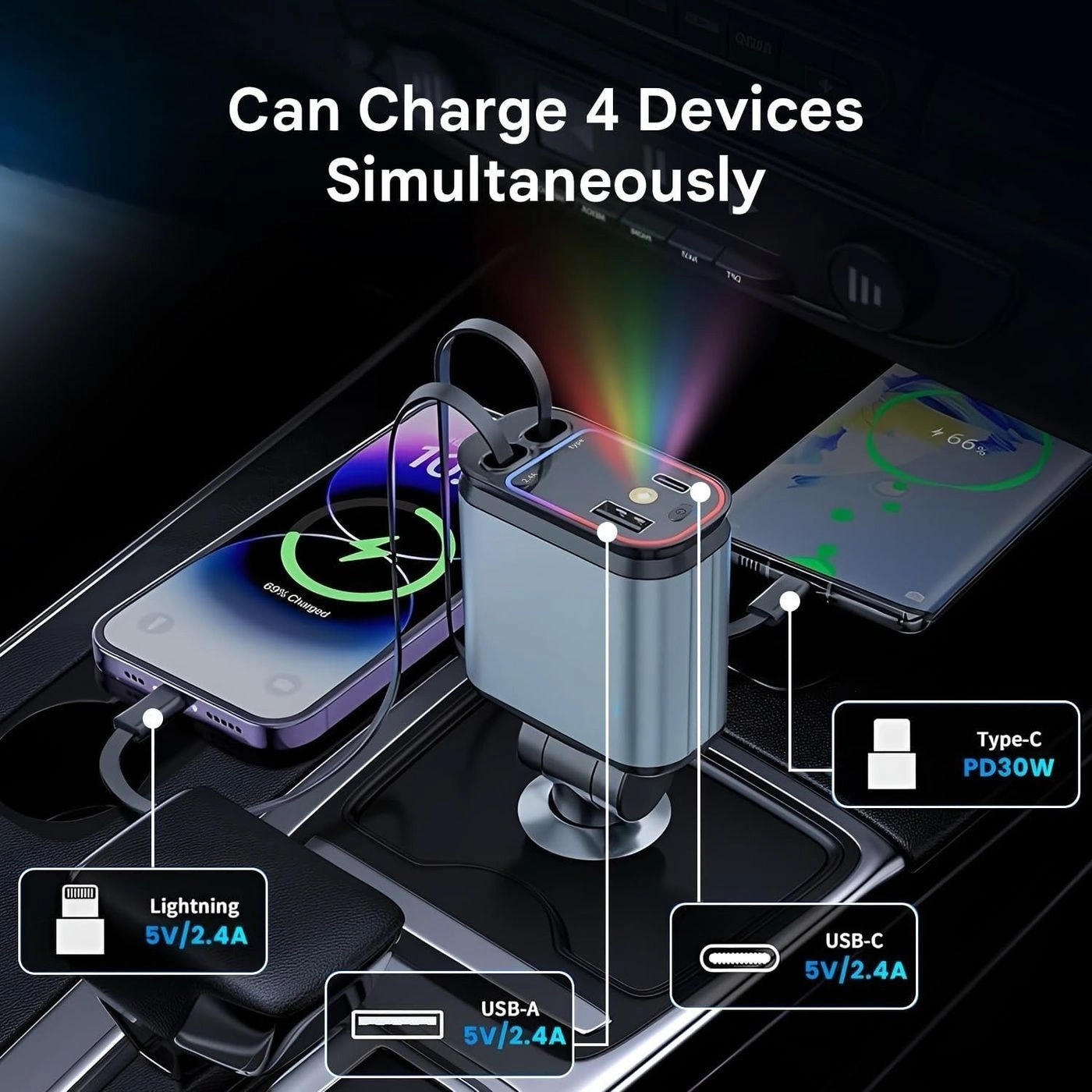 4-in 1 car Charger with Starry Lights,  Retractable Car Phone Charger with Dual Cables (Type C & Lightning) + USB-A & Type C Ports Compatible with iPhone 17/16/15/14/13, Samsung, Android