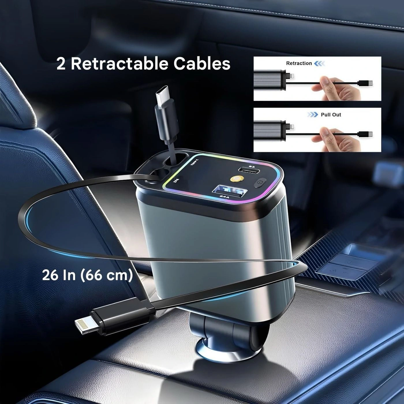 4-in 1 car Charger with Starry Lights,  Retractable Car Phone Charger with Dual Cables (Type C & Lightning) + USB-A & Type C Ports Compatible with iPhone 17/16/15/14/13, Samsung, Android 3