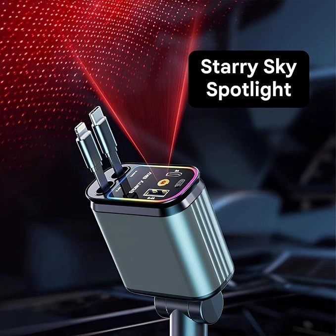 4-in 1 car Charger with Starry Lights,  Retractable Car Phone Charger with Dual Cables (Type C & Lightning) + USB-A & Type C Ports Compatible with iPhone 17/16/15/14/13, Samsung, Android 5