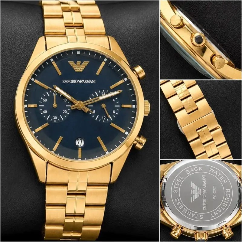 The Emporio Armani Gold Chronograph Watch blends modern sophistication with iconic fashion-inspired styling. Featuring a premium gold-tone stainless steel finish, elegant navy blue sunray dial, multi-function chronograph design, and reliable quartz movement, this timepiece is crafted for men who appreciate refined luxury and everyday elegance. 4