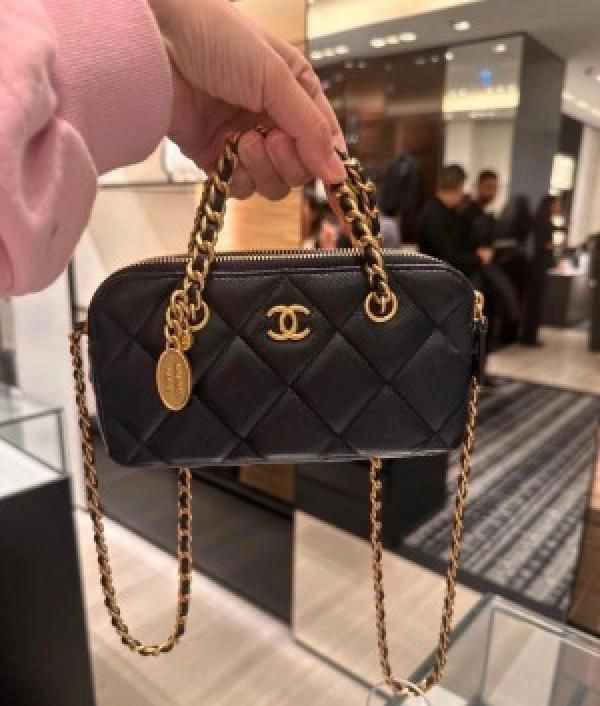 Chane-23b-retro-shopping-zipped-phone-holder-with-chain-woc-in-black-cavier-bag-with-box-1540 1