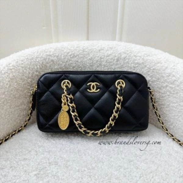 Chane-23b-retro-shopping-zipped-phone-holder-with-chain-woc-in-black-cavier-bag-with-box-1540 2