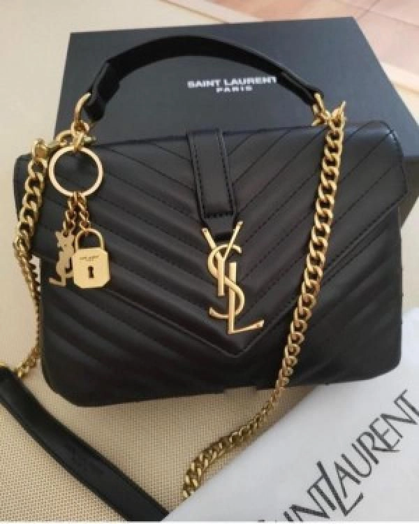 YSL SAINT LAURENT Grain De Poudre Matelasse Chevron Medium Monogram Satchel Black with box 536 (5246) 1
