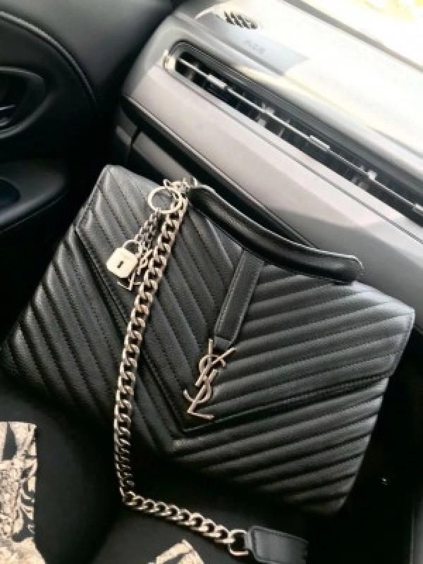 YSL SAINT LAURENT Grain De Poudre Matelasse Chevron Medium Monogram Satchel Black with box 536 (5246) 3