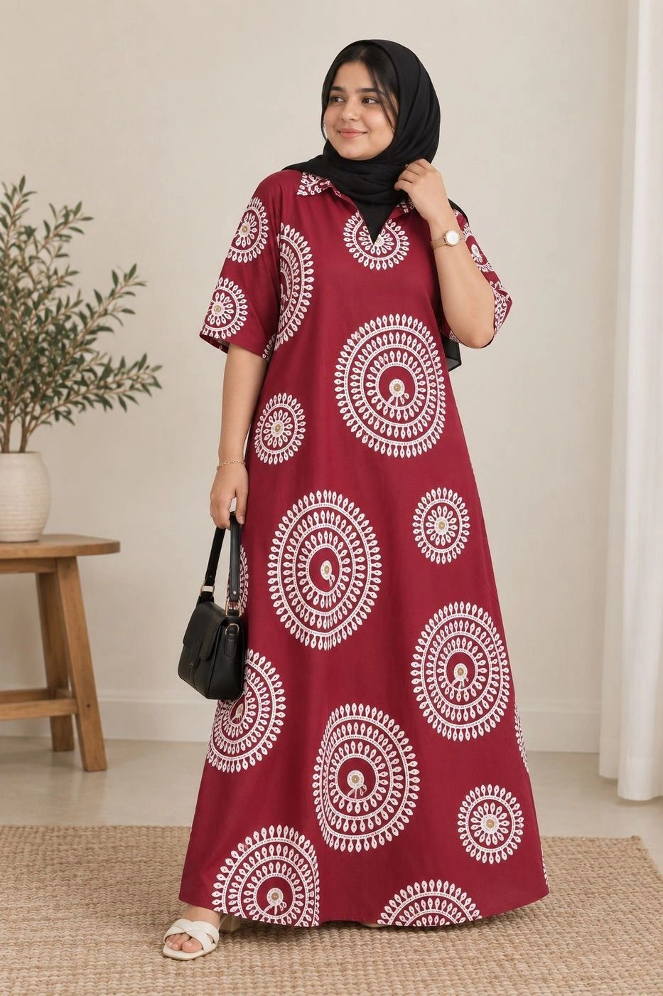 Maroon Mandala Print Modest Maxi Dress