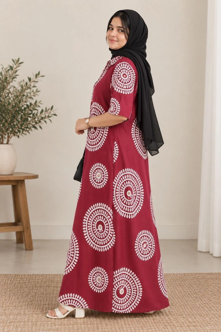 Maroon Mandala Print Modest Maxi Dress 4