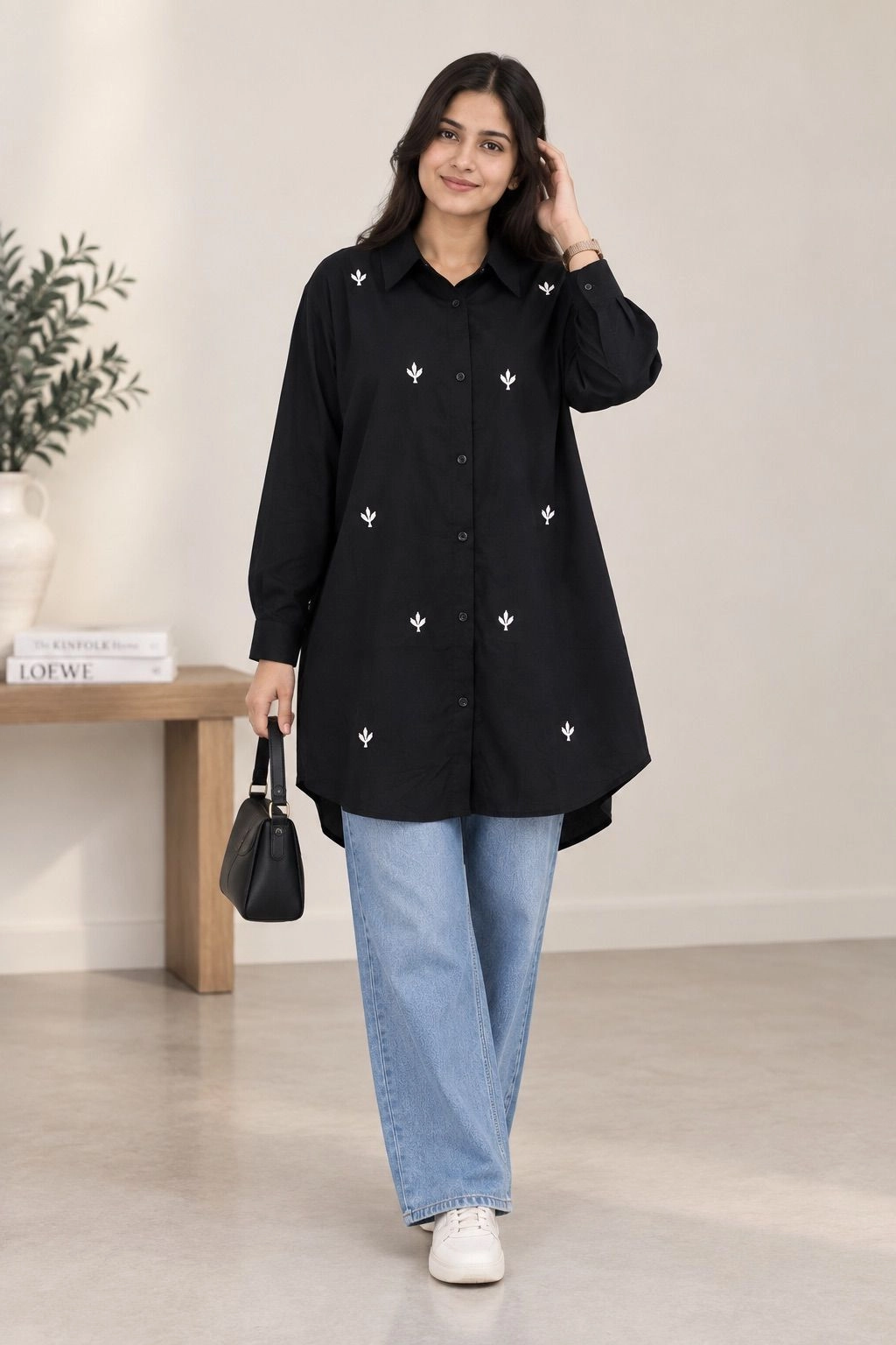 Noir Bloom Embroidered Oversized Shirt