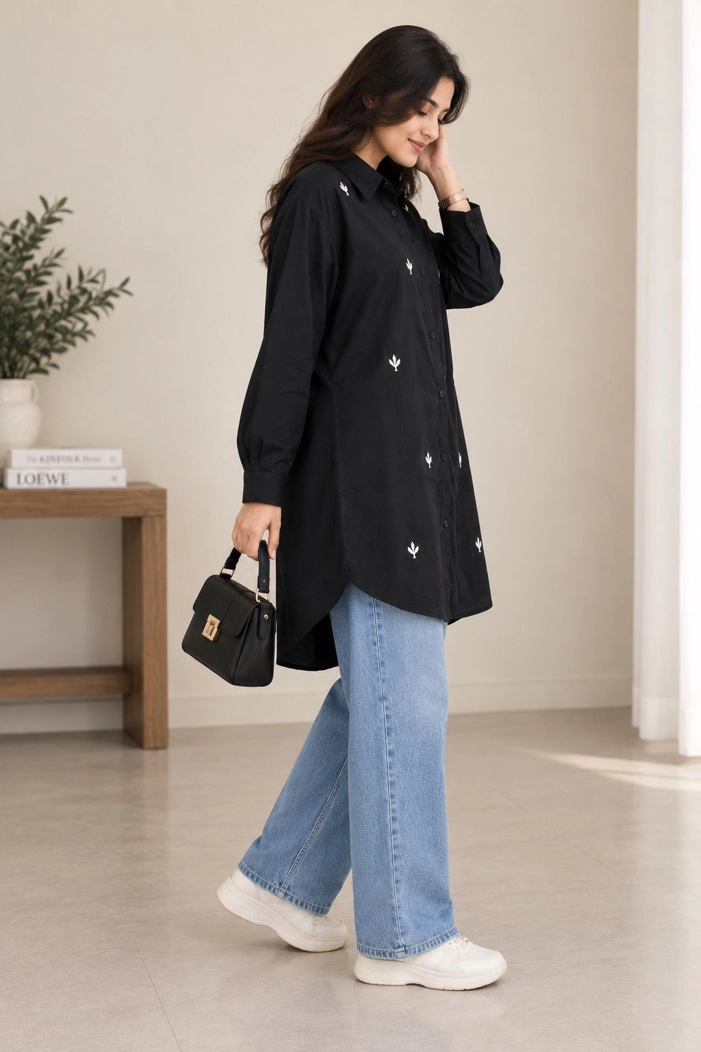 Noir Bloom Embroidered Oversized Shirt