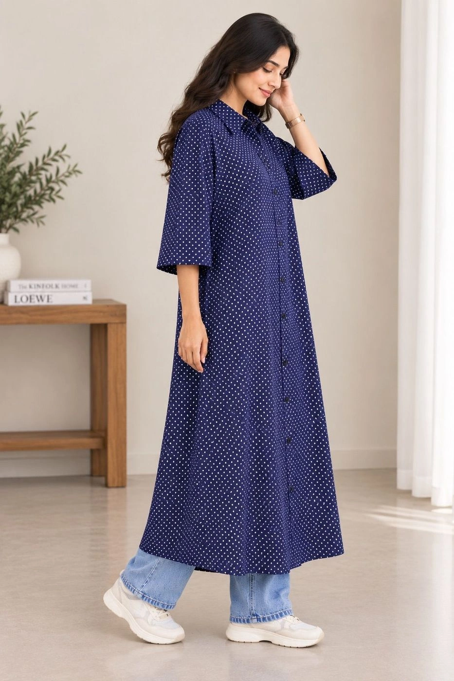 Navy Blue Polka Dot Shirt Dress 2