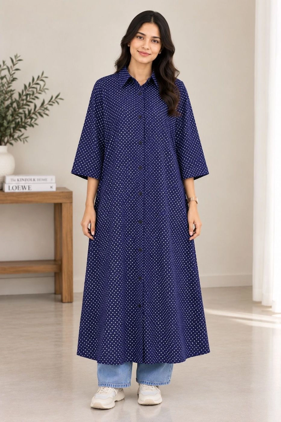 Navy Blue Polka Dot Shirt Dress 1