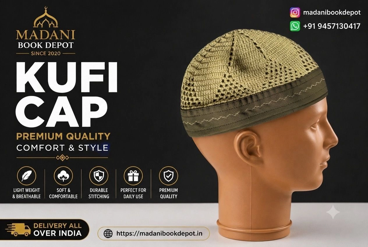 Premium Beige & Olive Border Kufi Cap / Islamic Namaz Topi