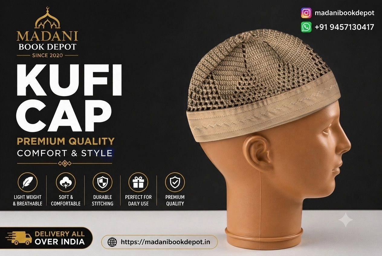 Premium Khaki Brown & Beige Border Kufi Cap / Islamic Namaz Topi