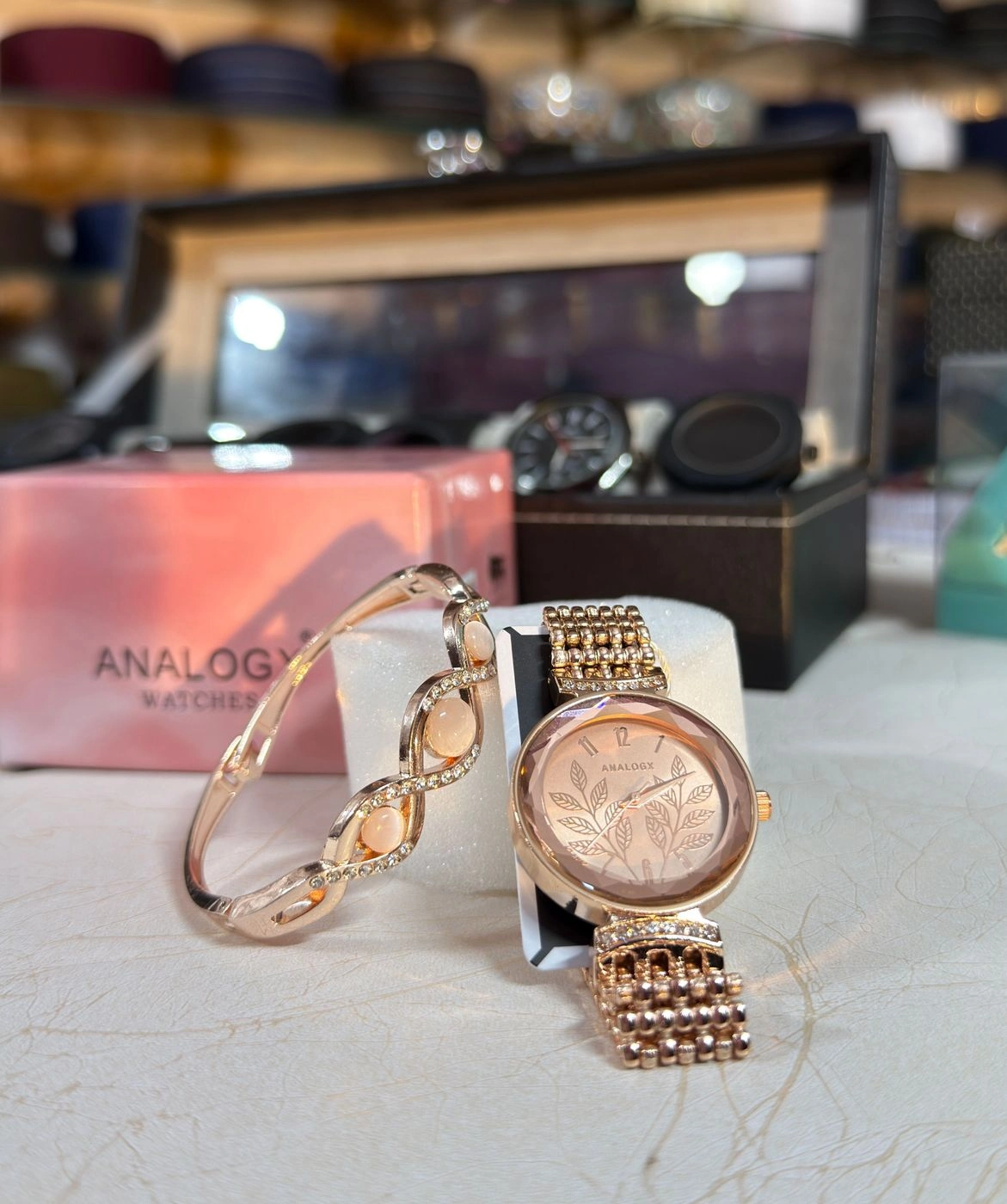 ANALOGX Rose Gold Luxury Floral Dial Watch with Matching Designer Bracelet Combo for Women 1