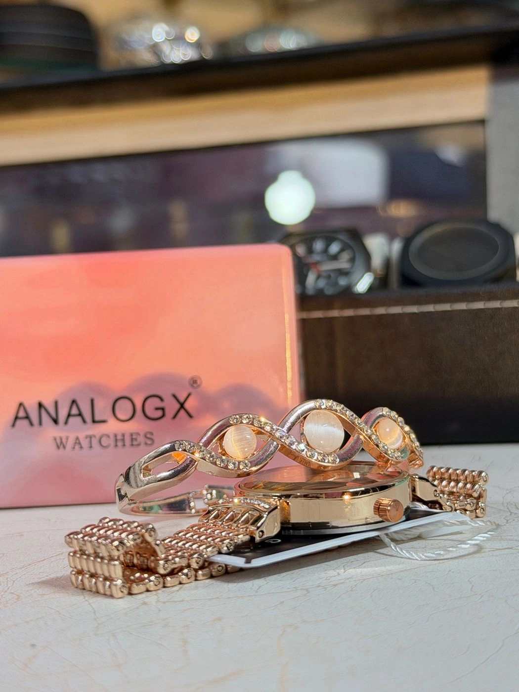 ANALOGX Rose Gold Luxury Floral Dial Watch with Matching Designer Bracelet Combo for Women 2
