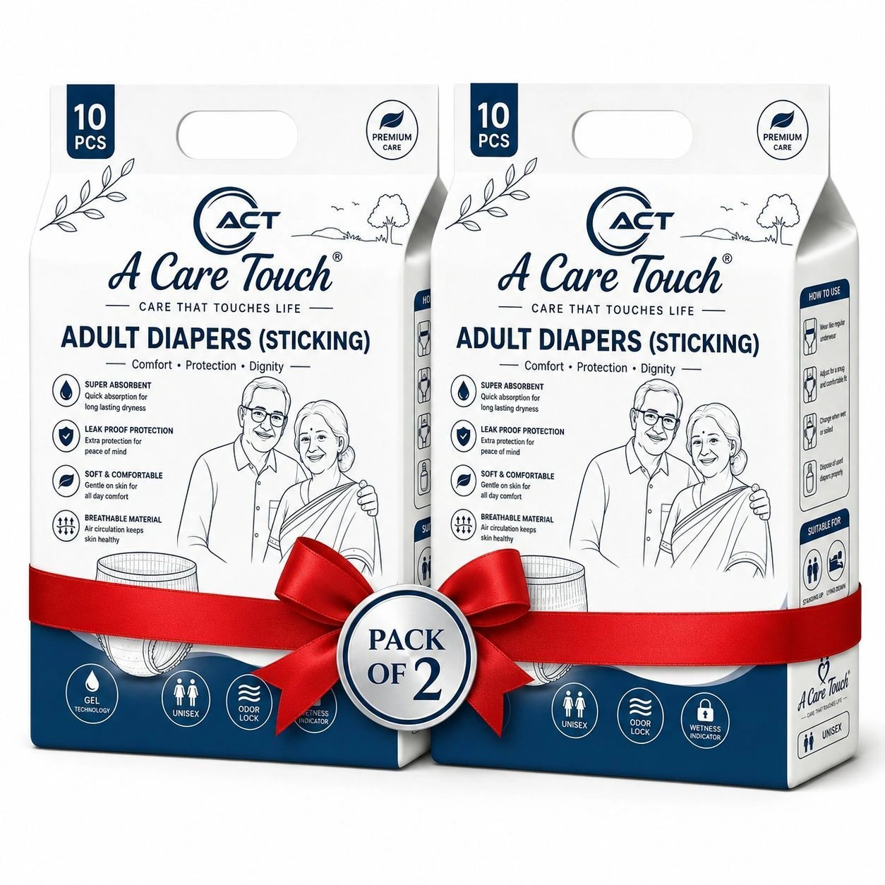 A Care Touch Adult Diaper Medium – Tape Style, Disposable, Unisex (Pack of 10) 3