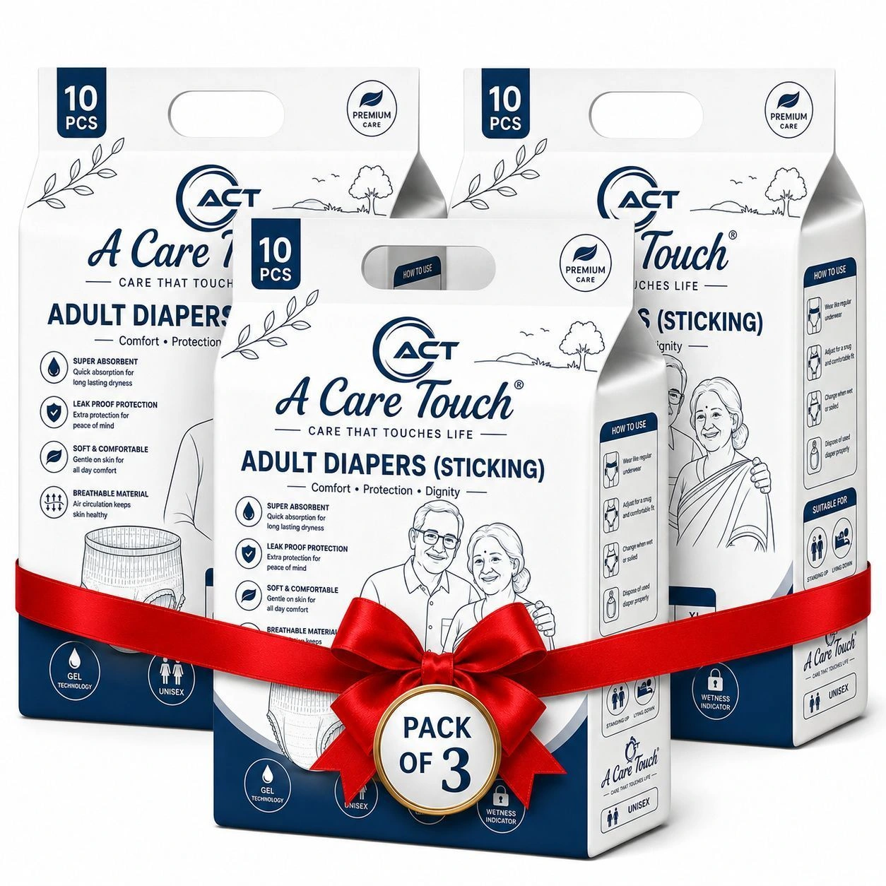 A Care Touch Adult Diaper Medium – Tape Style, Disposable, Unisex (Pack of 10) 4