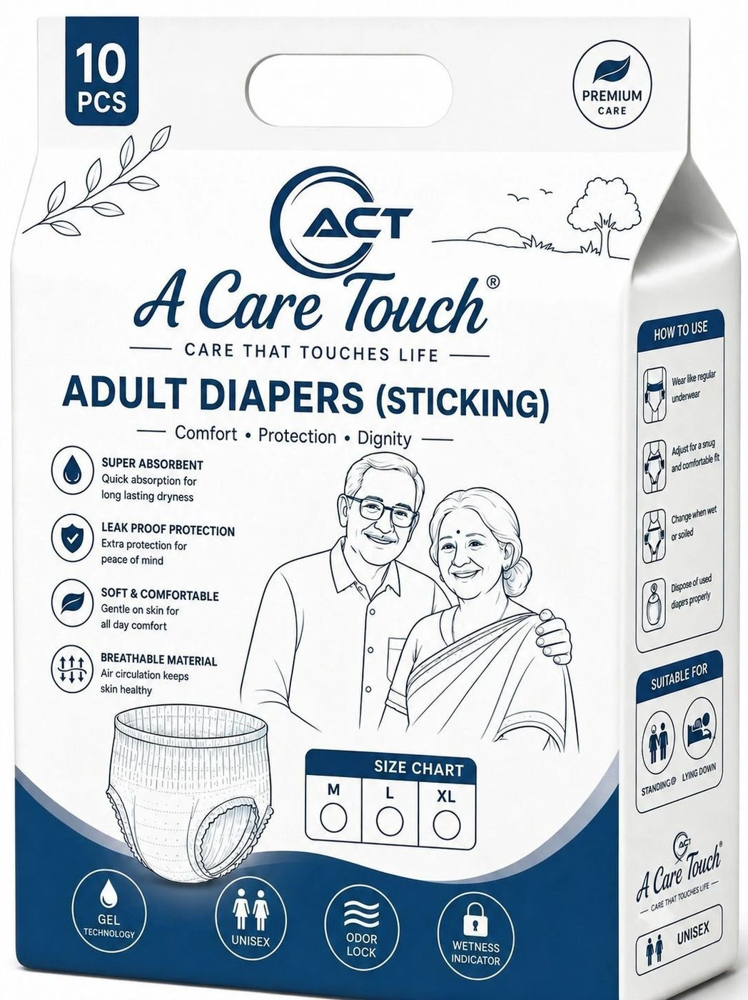 A Care Touch Adult Diaper Large – Tape Style, Disposable, Unisex (Pack of 10)