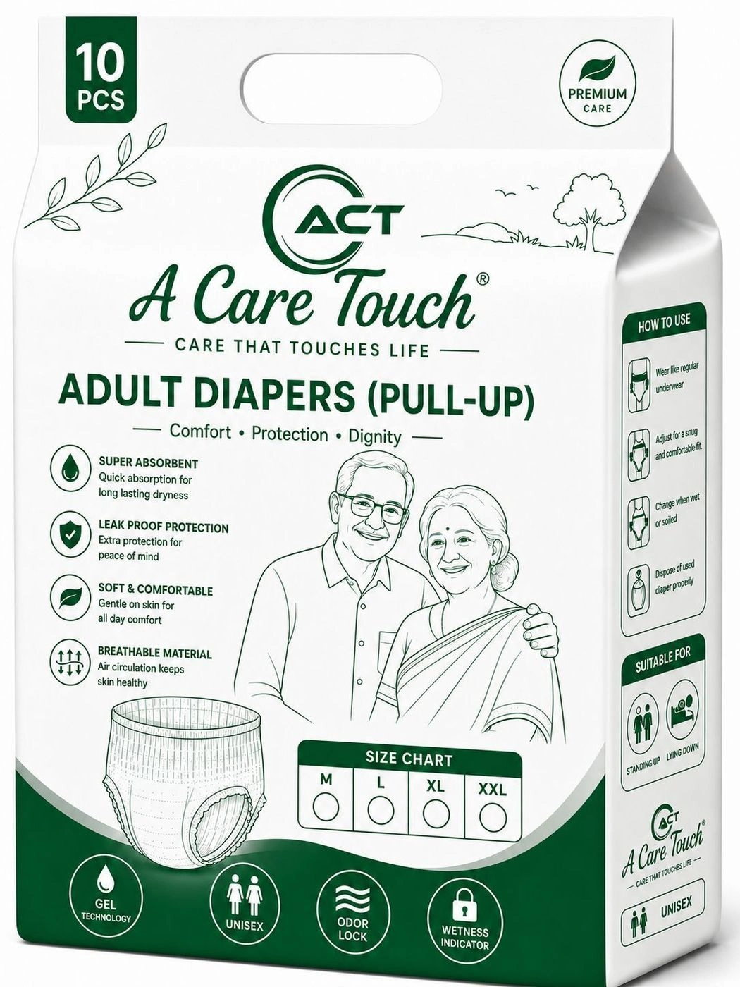 A Care Touch Adult Pull-Up Diapers XL (Extra Large) – Pants Style, High Absorbency Disposable Incontinence Underwear for Men & Women (Pack of 10)
