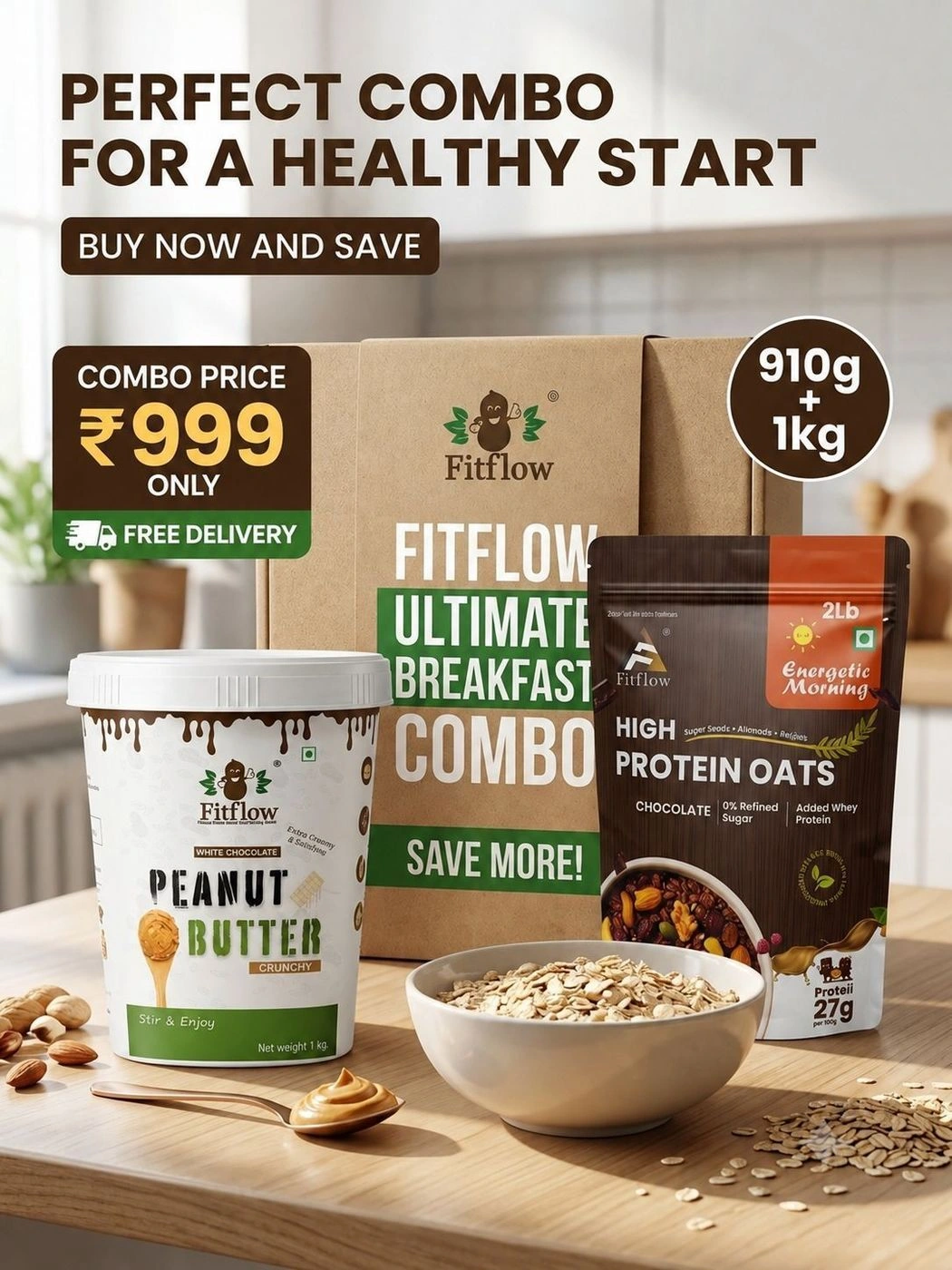 Peanut Butter Crunchy – White Chocolate – 1kg
+ High Protein Oats – Chocolate – 910g | FITFLOW 1