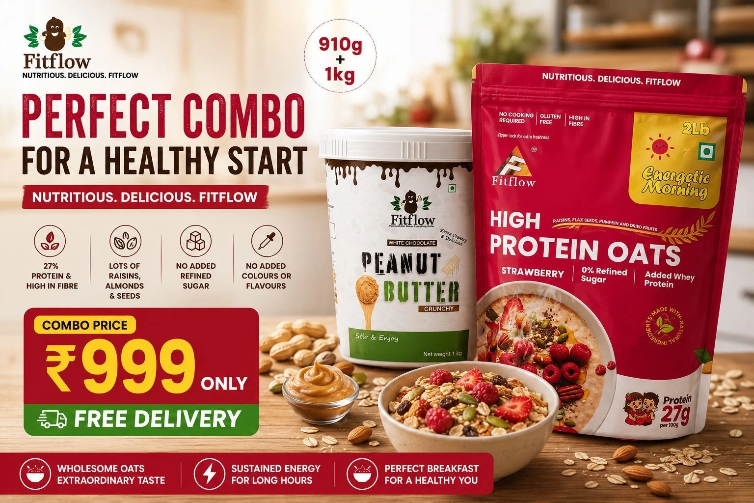Peanut Butter Crunchy – White Chocolate – 1kg + High Protein Oats – Strawberry 🍓– 910g 2