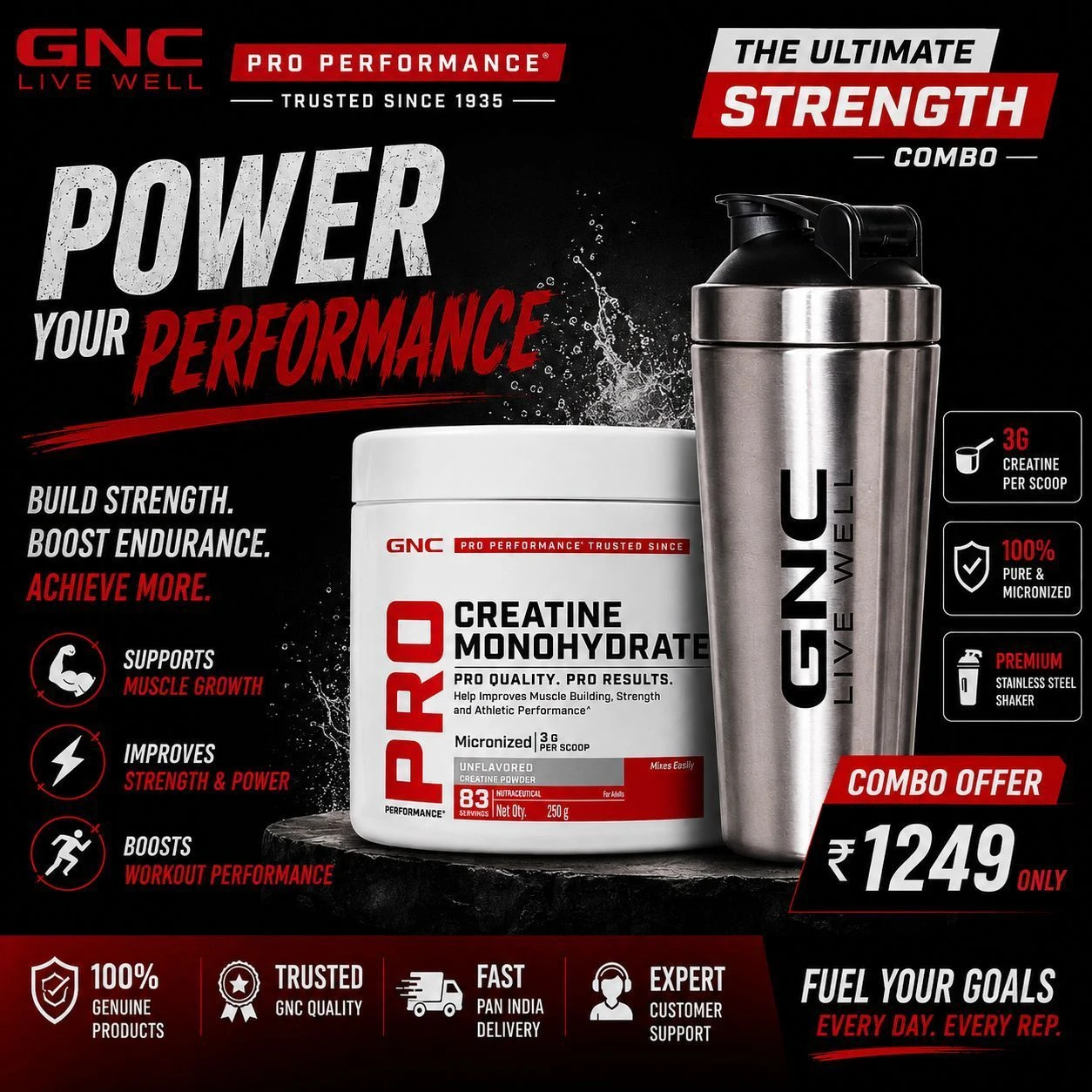 GNC Pro Performance Creatine Monohydrate 250 gm + Free Steel Shaker 1