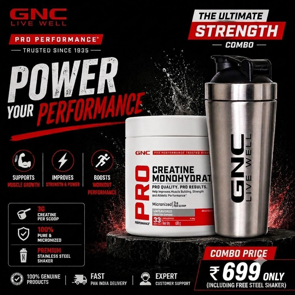 GNC Pro Performance| Creatine Monohydrate ( Unflavoured ) 100 gm with Free Steel Shaker. 1