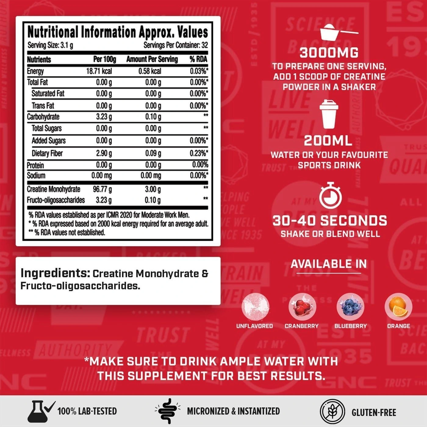 GNC Pro Performance| Creatine Monohydrate ( Unflavoured ) 100 gm with Free Steel Shaker. 2