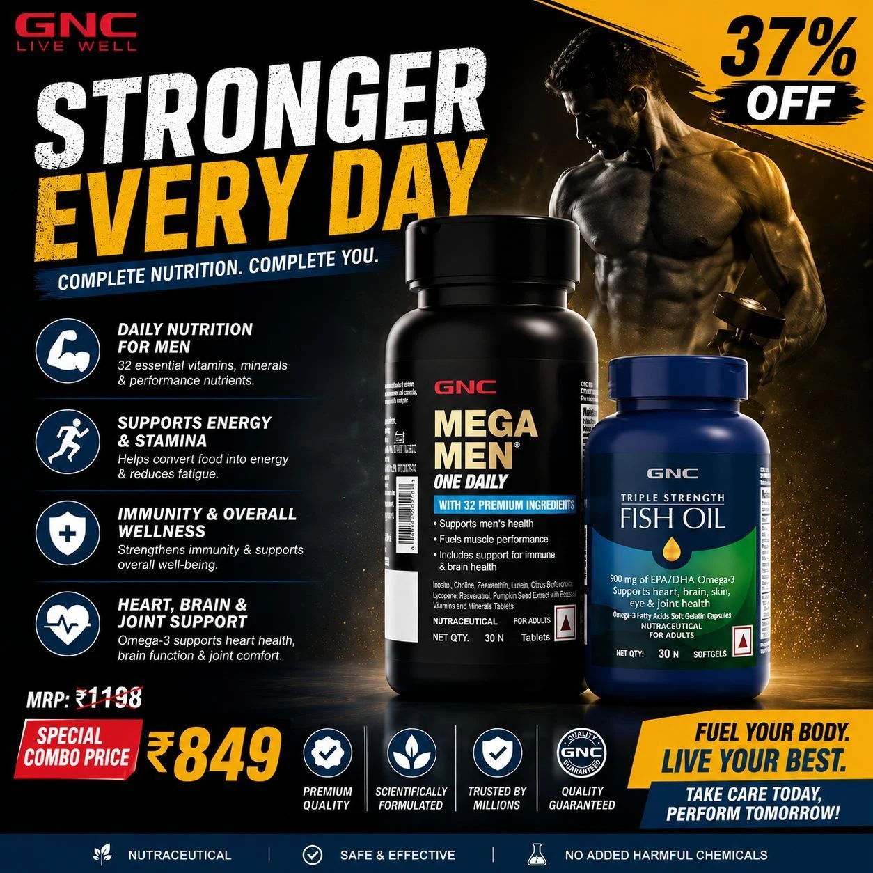 GNC Mega Men
One Daily Multivitamin + Triple Strength Fish Oil 1
