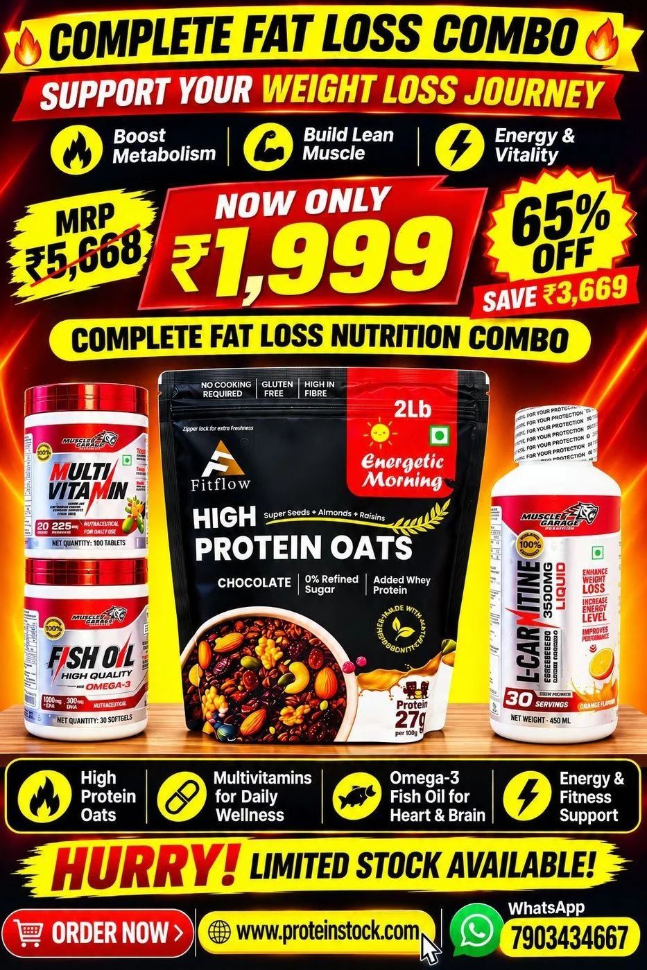 🚨 Only For Today Till 10 pm ⏳ 

💥 DAILY DHAMAKA COMBO 💥
/MRP ₹5,668/ ❌  ₹1,999! only ✅ 65% Off

1. L-carnitine 450 ml 
2. Multivitamin 100 Capsules 
3. Fish Oil 90 Capsules 
4. Oats 907 gm ( Chocolate & Strawberry)
• Gst Bill 
| Delivery 🚚 Free PAN India

⏳ Left 20 Stocks only ⏳ 
📱 ORDER NOW: 7903434667

🔥 DON'T WAIT — GRAB YOUR DEAL NOW! 🔥 1