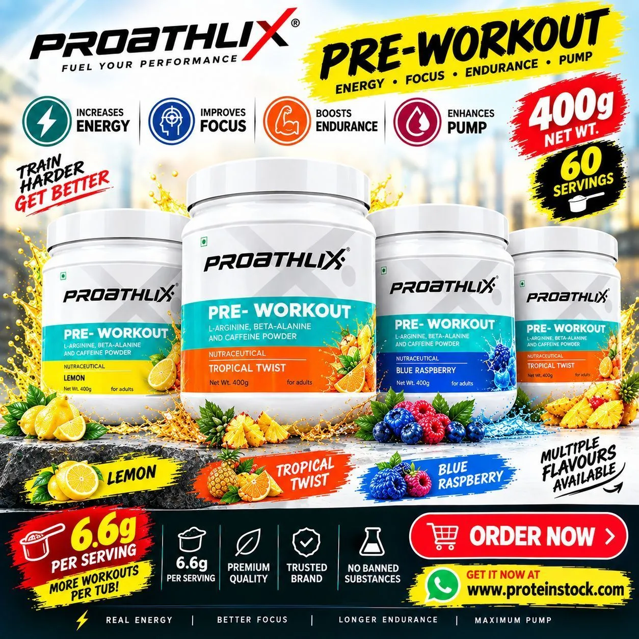 Proathlix Pre Workout (200mg Caffeine, 400 GM) 1