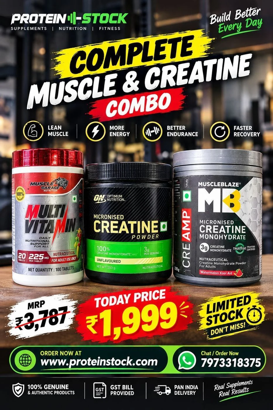 ON, Muscleblaze 250+250 GM Creatine Monohydrate | Muscle Garaze Multivitamin 100 Tablets. 1