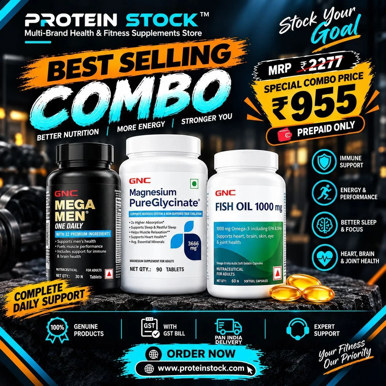 GNC| Mega Men Multi 30 Caps | 90 Caps Magnesium Pure Glycinate | 60 Caps Fish Oil 1