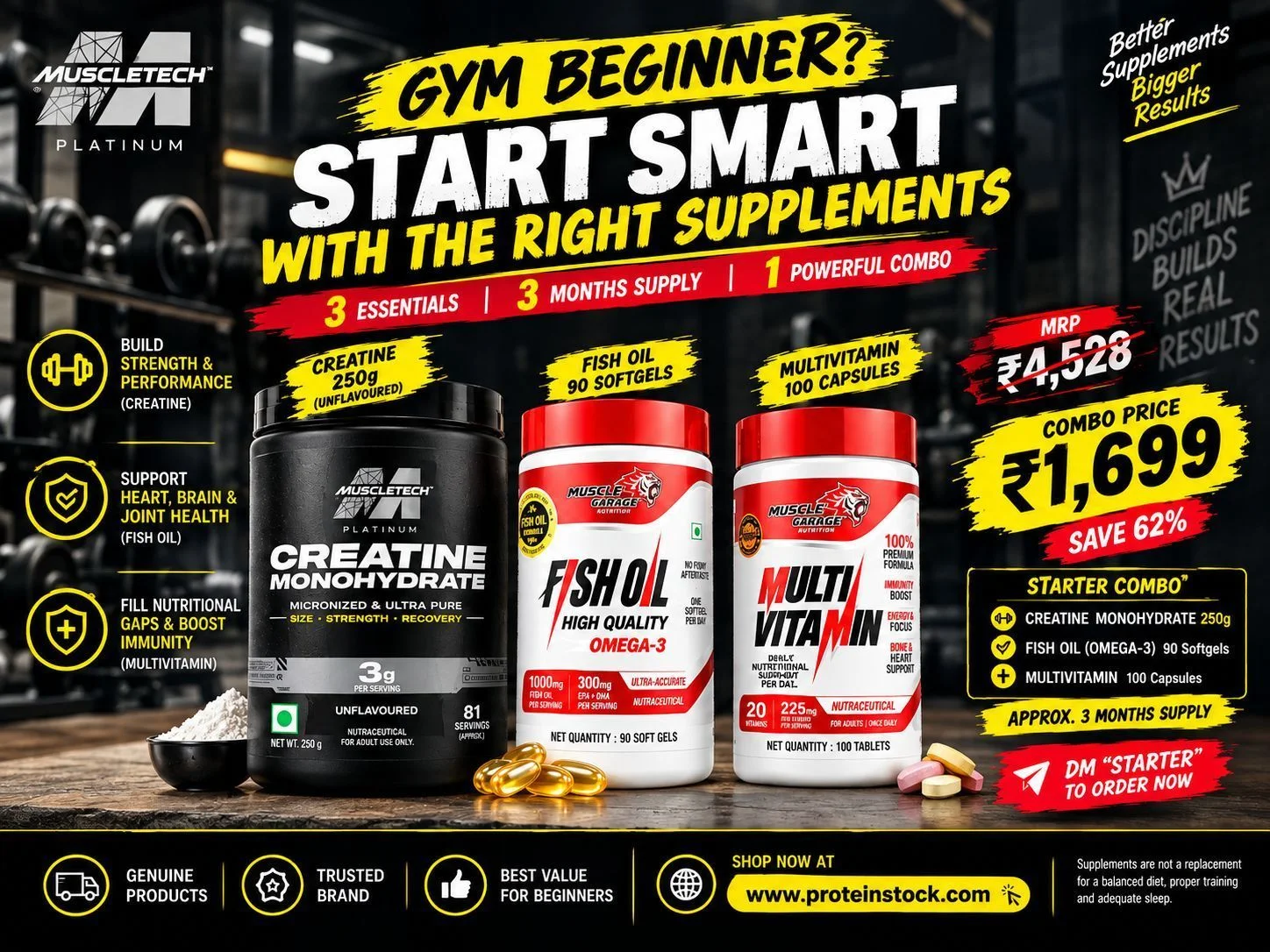 Gym Beginner Starter Combo – Creatine Monohydrate + Omega-3 Fish Oil + Multivitamin 1