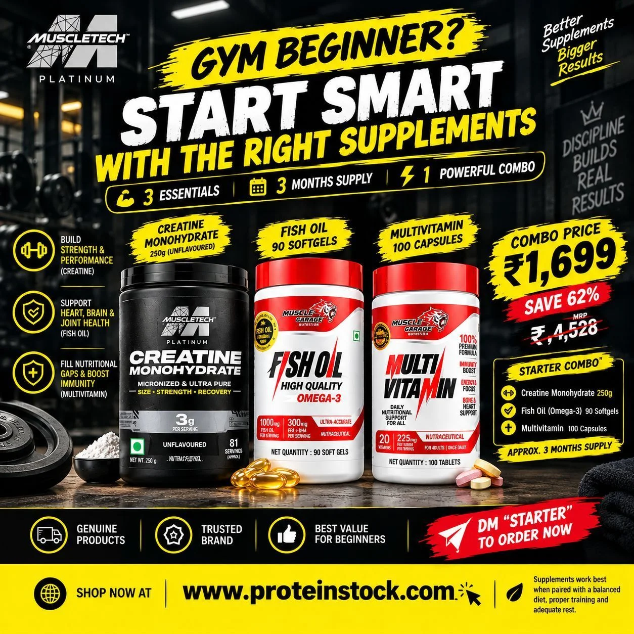 Gym Beginner Starter Combo – Creatine Monohydrate + Omega-3 Fish Oil + Multivitamin 2