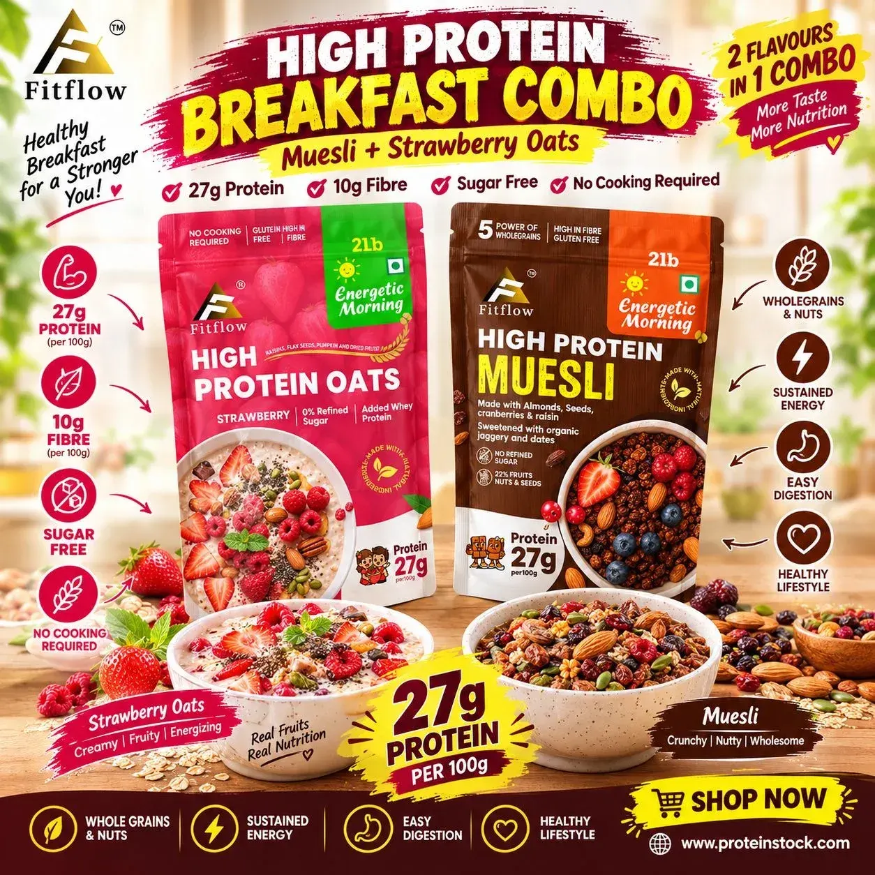 Fitflow | High Protein Breakfast Combo | Strawberry Oats + Muesli 1