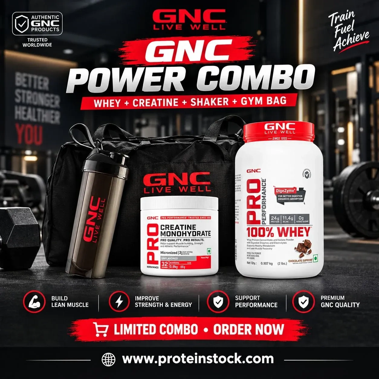GNC | 2 lbs Whey Protein + 100 GM Creatine + 1 Shaker + 1 Gym Bag 3