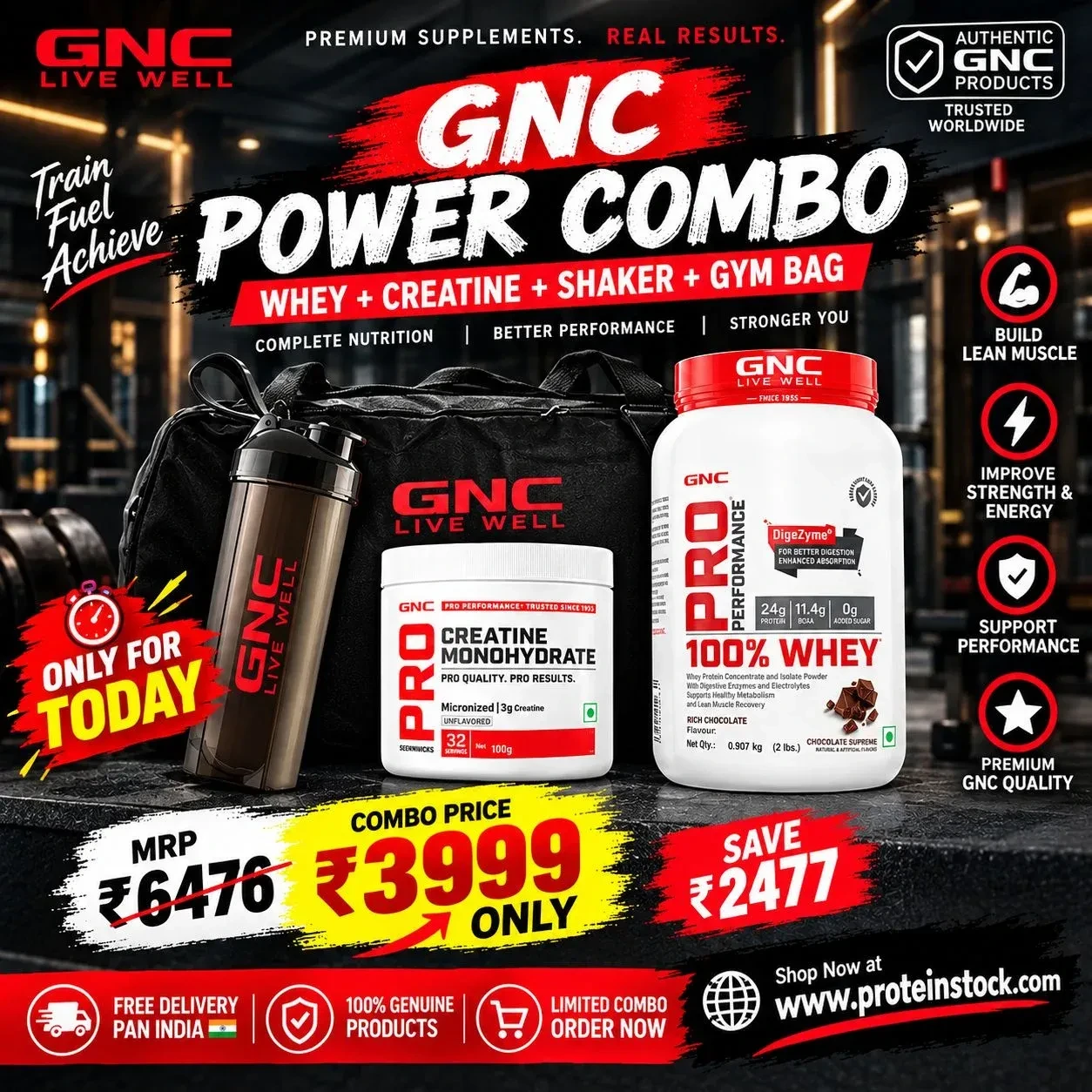 GNC | 2 lbs Whey Protein + 100 GM Creatine + 1 Shaker + 1 Gym Bag 2