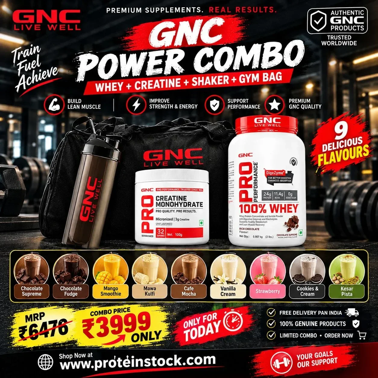 GNC | 2 lbs Whey Protein + 100 GM Creatine + 1 Shaker + 1 Gym Bag 1