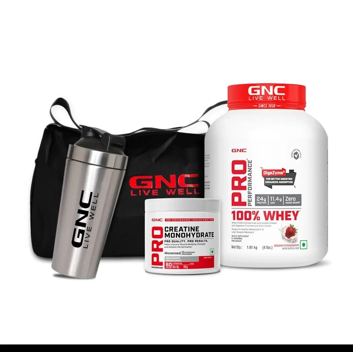 GNC Pro Power Combo – Whey Protein + 100g Creatine + Steel Shaker + Gym Bag 2