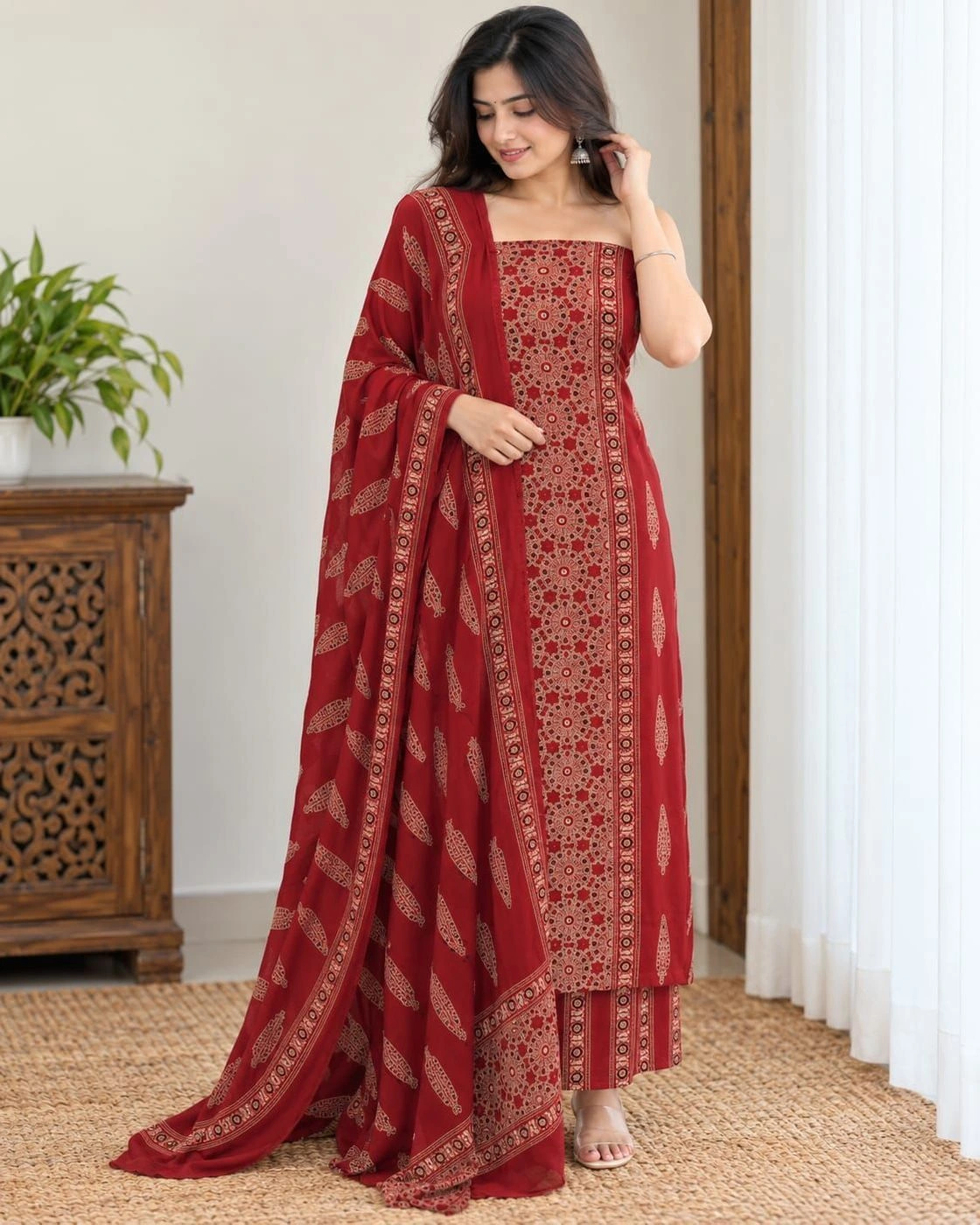 Unstiched churidar materials rayon red