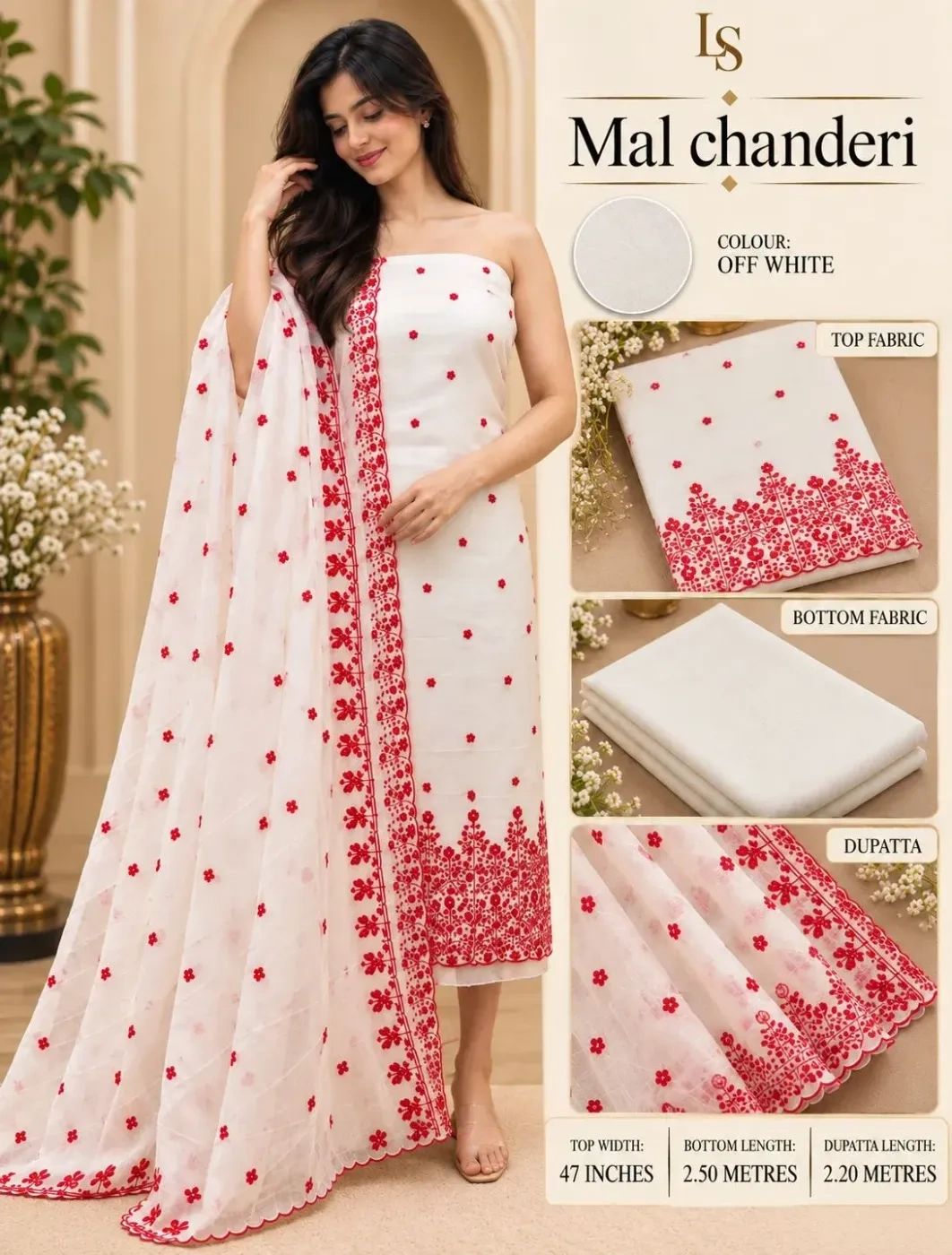 Unstiched churidar materials white and red