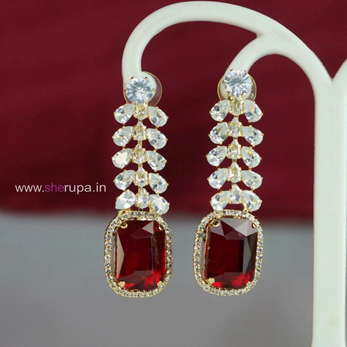 Gold Red & White Crystal Drop Earrings