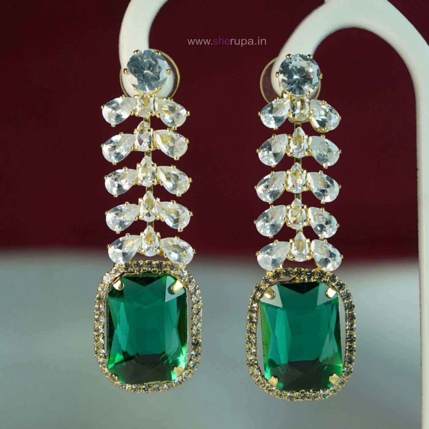 Gold Green Crystal & White Stone Drop Earrings