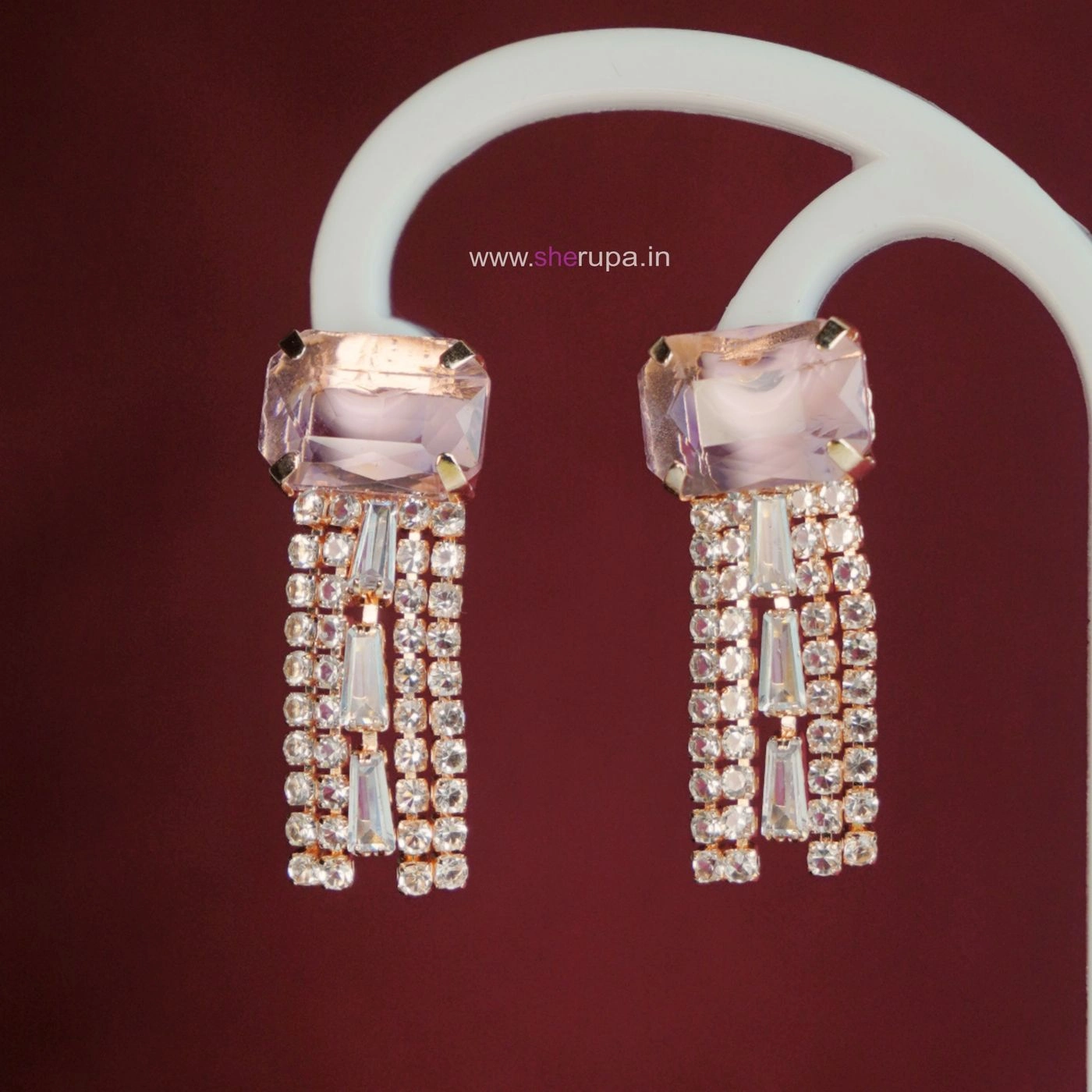 Rose Gold Tone Baby Pink Crystal CZ Tassel Drop Earrings for Women
